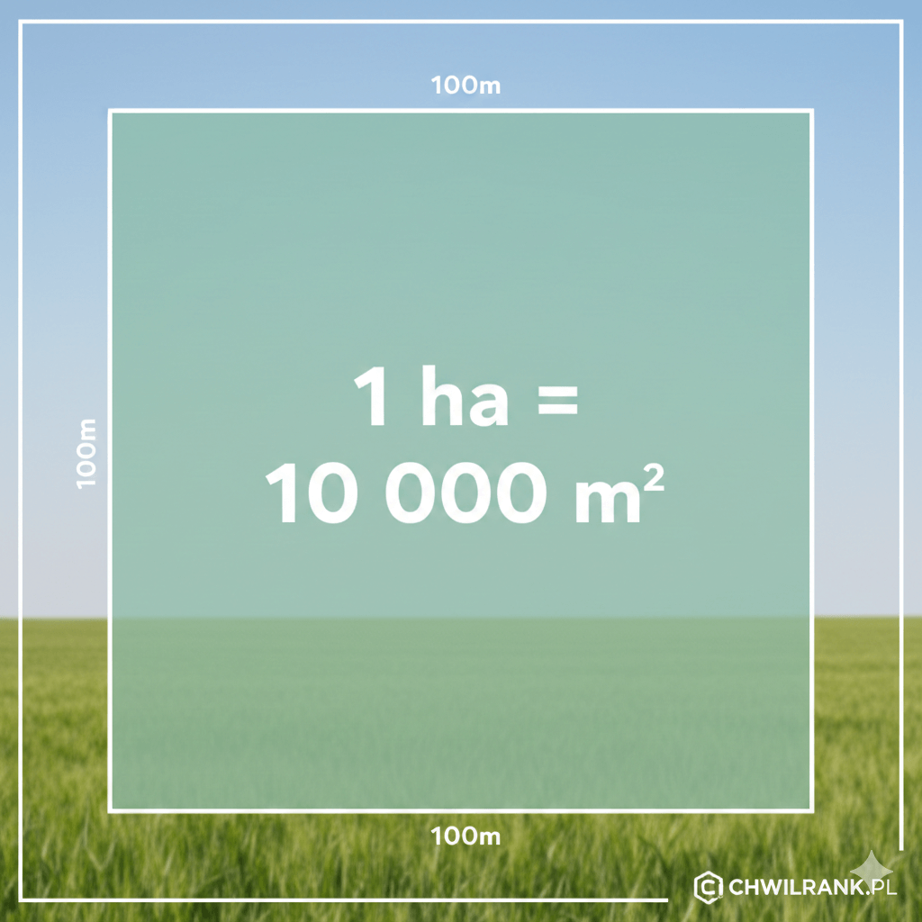 Infografika pokazująca przelicznik 1 ha na 10 000 m2 jako kwadrat o boku 100m x 100m