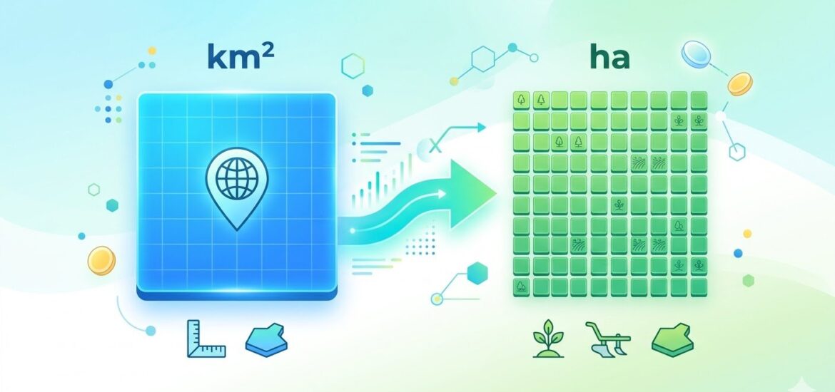 Kilometry kwadratowe na hektary - kalkulator km2 na ha
