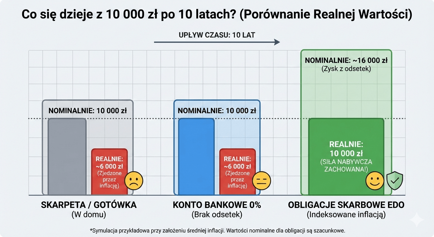 Infografika wykresowa por&oacute;wnująca realną wartość 10 000 zł po 10 latach. Wykres pokazuje trzy scenariusze: 1. Got&oacute;wka w "skarpecie" oraz 2. Konto bankowe 0% tracą siłę nabywczą, spadając realnie do ok. 6000 zł z powodu inflacji. 3. Obligacje Skarbowe EDO rosną nominalnie do ok. 16 000 zł, dzięki czemu zachowują pełną realną wartość 10 000 zł i chronią kapitał.